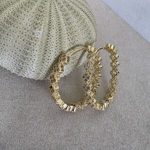 Gold Filled Huggie Hoop Earrings Pave Quatrefoil Clover Flower